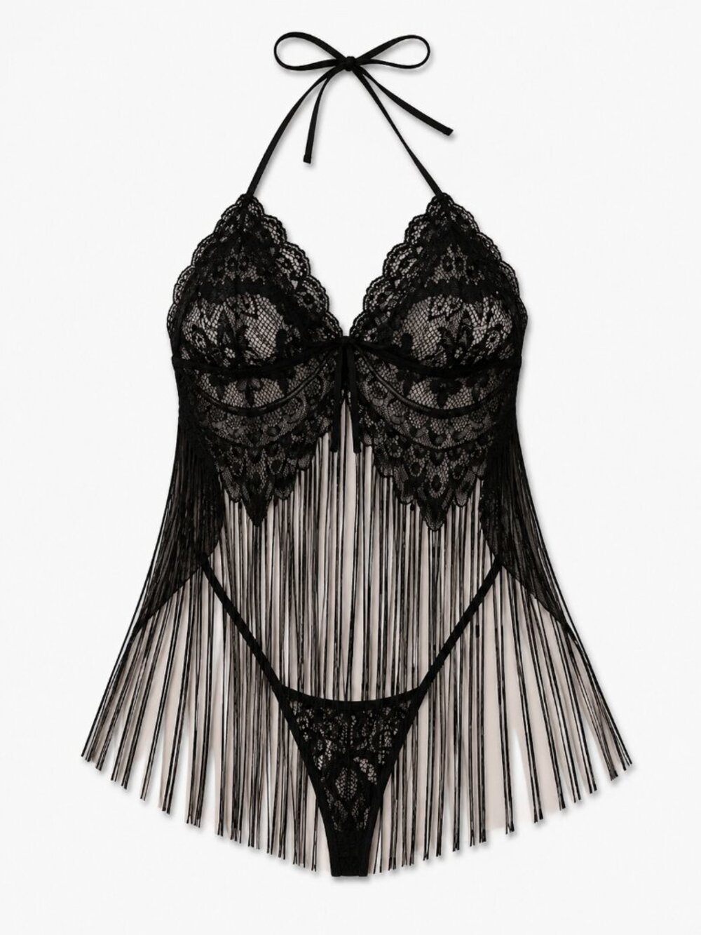 Black Lace Fringe Lingerie Set Tassel Camisole & Panty 2-Piece Sexy Babydoll